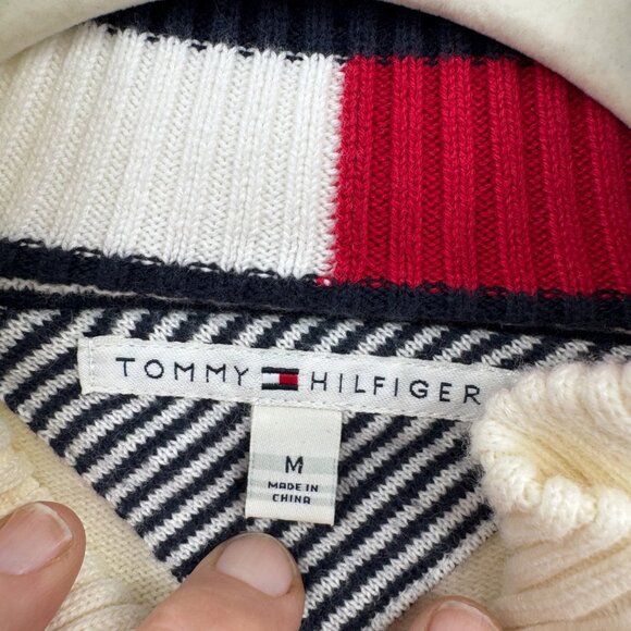 Tommy Hilfiger 1/4 quarter zip sweater spell out cotton men’s size Medium ivory - Picture 5 of 11